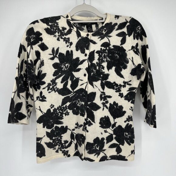 Elena Solano Sweaters - Elena Solano Lambs Wool Cardigan Petite Medium Black Floral 3/4 Sleeve